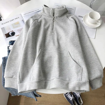 Getadme Warm Fleece Hoodies Women Loose Sweatshirts Half Zipper Pullover Long Sleeve Waffle Casual Thick V Neck Streetwear Sweatshirts